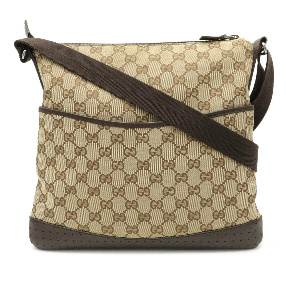 Gucci GG Canvas Messenger Crossbody Perforated Leather Beige Brown Cream